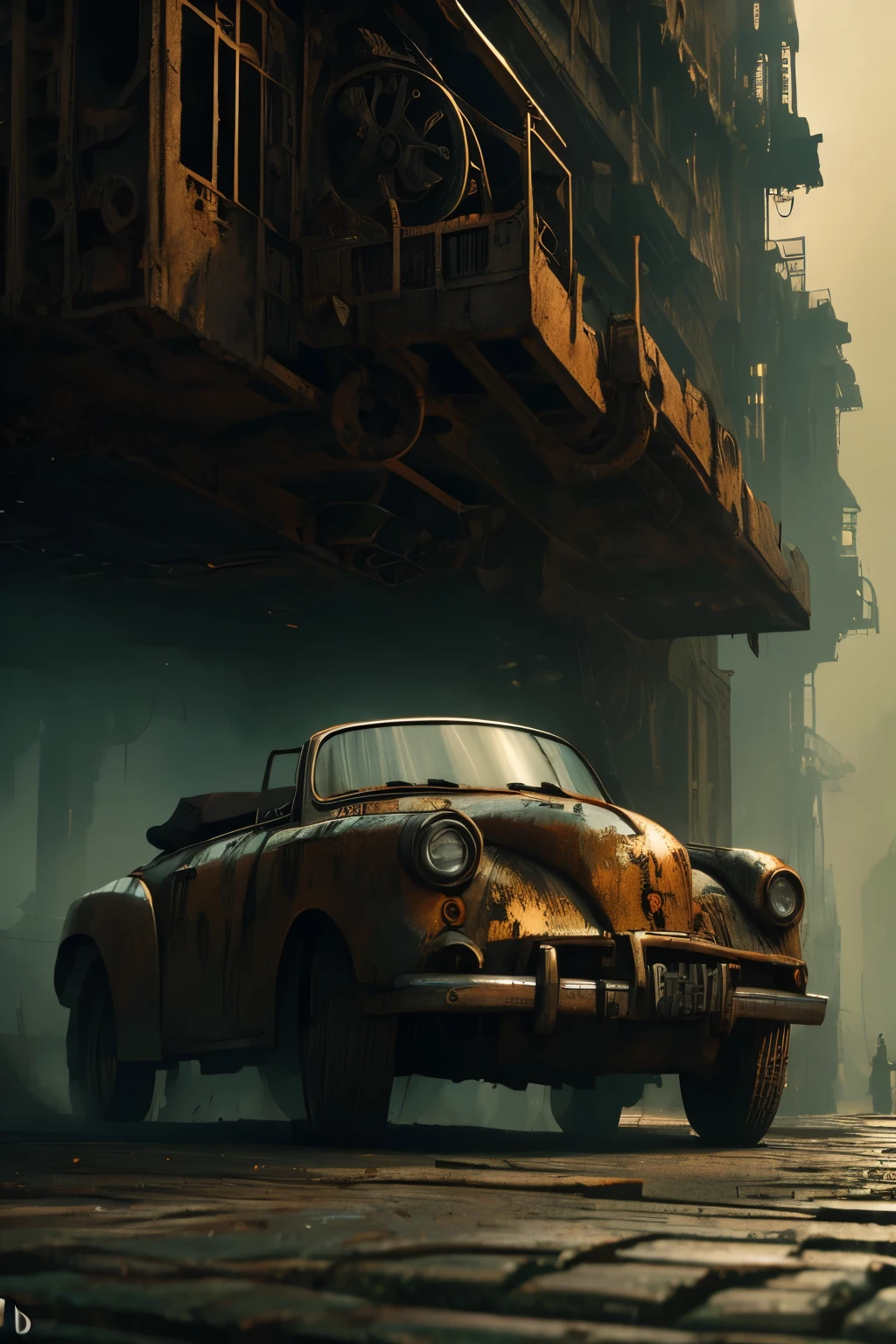 a rusty robot driving an old, smoke convertible car, extremely detailed, highly realistic, photorealistic, 8k, realistic lighting, cinematic composition, dramatic lighting, moody atmosphere, sense of wonder and amazement, stunning details, intricate mechanical design, weathered and worn textures, dynamic motion blur, cinematic camera angle, people in the background looking on in awe, vibrant colors, dramatic shadows, sense of scale, dystopian sci-fi, futuristic, intricate gears and machinery
