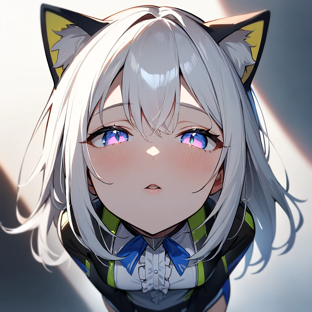 1girl,pov,all force,Cat ear,Slit pupil,masterpiece,best quality, very aesthetic,absurdres,highlight,center frills,cat ear,medium shot,looking at viewer,half closed eyes,front view,(looking up),Parted lips,kiss,(from above),Dutch angle,straight-on,White hair,arms,imminent kiss