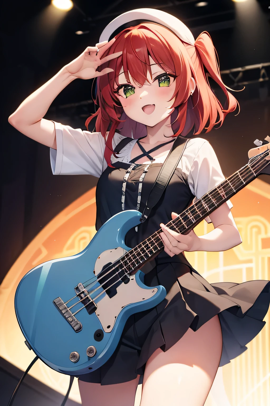 masterpiece, HD, best quality, 1 Girl,cuneiform, 2d, Red hair, Green Eyes, Play blue electric bass, stage, , Kitayuse