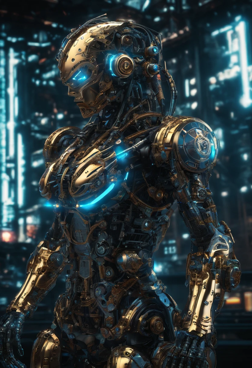 (best quality,highres),cyborg female,fully chrome body,chrome armor,cybernetic enhancements,glowing blue mechanical eyes,mechanical limbs,seamless integration of human and machine,impressive power,ominous presence,inner transparent clockwork mechanisms,gears and cogs in constant motion,precision engineering,clockwork heart beating,elaborate system of gears,meticulous craftsmanship,creative fusion of steampunk and futuristic elements,metallic reflections,industrial aesthetic,impressive mechanical details,dynamic pose,tense energy,emerging from a dark chasm,backdrop of a futuristic cityscape,hovering in mid-air,fierce determination,technological marvel,striking visual contrast,dark shadows and bright highlights,subtle backlighting,neon lights illuminating the scene,imposing stature,powerful build,lucid and surreal,sharp focus,impressive depth of field,ethereal beauty,majestic presence,immense strength,menacing aura,seamless fusion of technology and humanity.