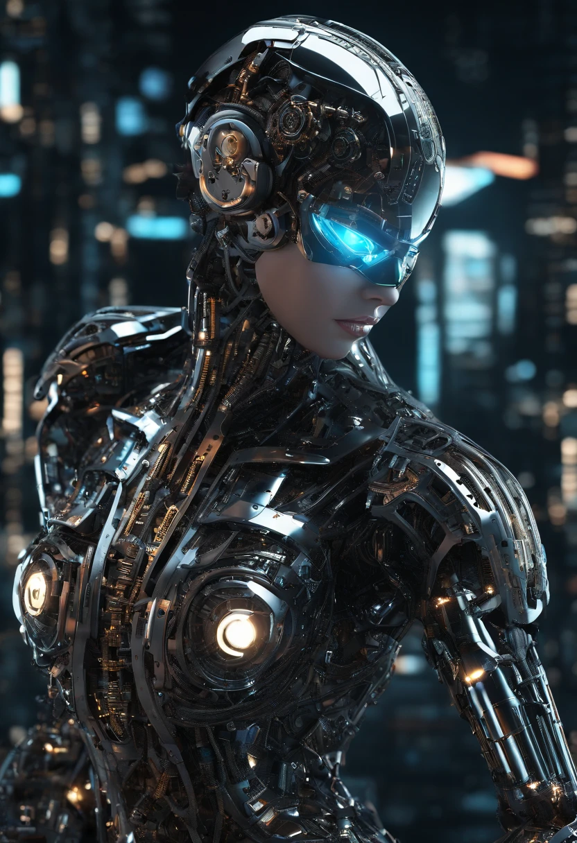 (best quality,highres),cyborg female,fully chrome body,chrome armor,cybernetic enhancements,glowing blue mechanical eyes,mechanical limbs,seamless integration of human and machine,impressive power,ominous presence,inner transparent clockwork mechanisms,gears and cogs in constant motion,precision engineering,clockwork heart beating,elaborate system of gears,meticulous craftsmanship,creative fusion of steampunk and futuristic elements,metallic reflections,industrial aesthetic,impressive mechanical details,dynamic pose,tense energy,emerging from a dark chasm,backdrop of a futuristic cityscape,hovering in mid-air,fierce determination,technological marvel,striking visual contrast,dark shadows and bright highlights,subtle backlighting,neon lights illuminating the scene,imposing stature,powerful build,lucid and surreal,sharp focus,impressive depth of field,ethereal beauty,majestic presence,immense strength,menacing aura,seamless fusion of technology and humanity.