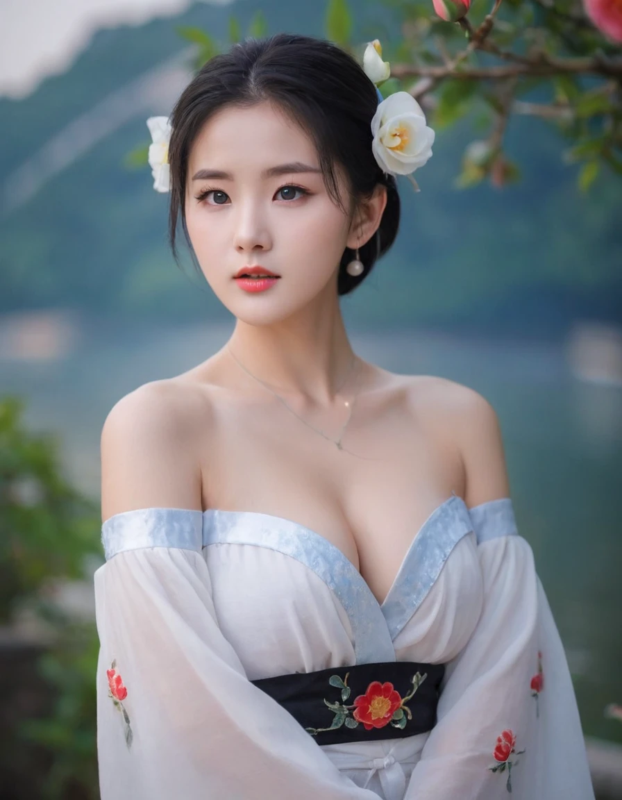 half body photo, fashion model 20 years old [[[close-up cleavage]]]], off shoulders, biggest ????, ????? ???????, blue eyes, perfect iris，perfect lips，perfect teeth，Perfect skin，long face，Soft headlight，high dynamic range，movie girl,short white hair，The clothing is hanfu costume，Ethnic costumes，Background with rose flowers，（pastel colors：1.2）