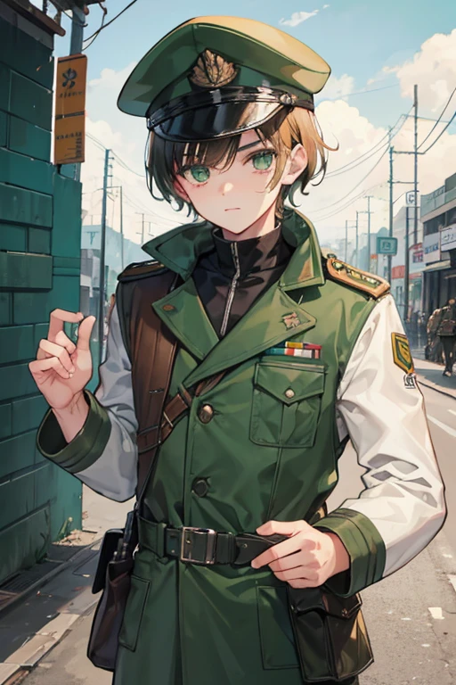 menino, branco,14 anos, jaqueta militar verde, cacabelo marrom, cidade, apocalipse zumbi, machucado