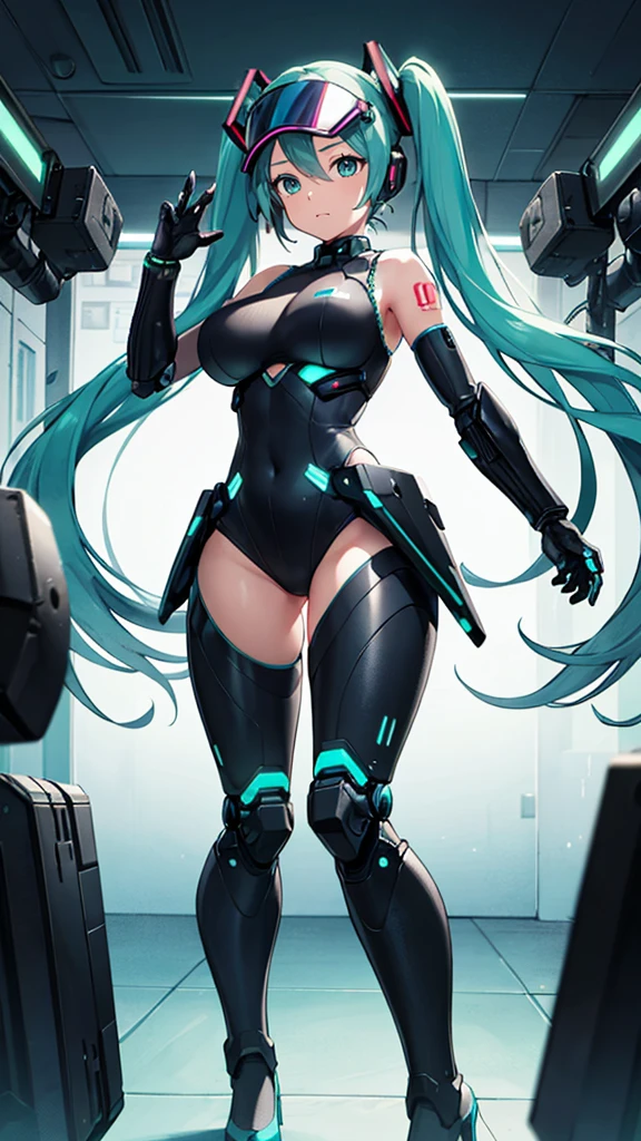 1girl, solo, (hatsune miku), big breasts, aqua hair, aqua eyes, twintails, heavy cybernetic boots, heavy cybernetic gauntlets, heavy cybernetic leotard, high heels, (heavy cybernetic visor:1.1), cybernetic face mask, cybernetic armor plating, mechanical parts, determined, glowing neon, thrusters, armor cooling vents, android, science fiction, motorcycle, mobile suit, good_face:0.8