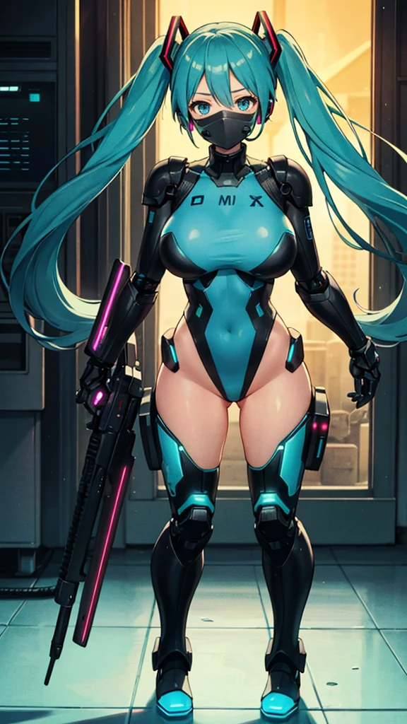 1girl, solo, (hatsune miku), , aqua hair, aqua eyes, twintails, heavy cybernetic boots, heavy cybernetic gauntlets, heavy cybernetic leotard, high heels, (heavy cybernetic visor:1.1), cybernetic face mask, cybernetic armor plating, mechanical parts, determined, glowing neon, thrusters, armor cooling vents, android, science fiction, motorcycle, mobile suit, good_face:0.8