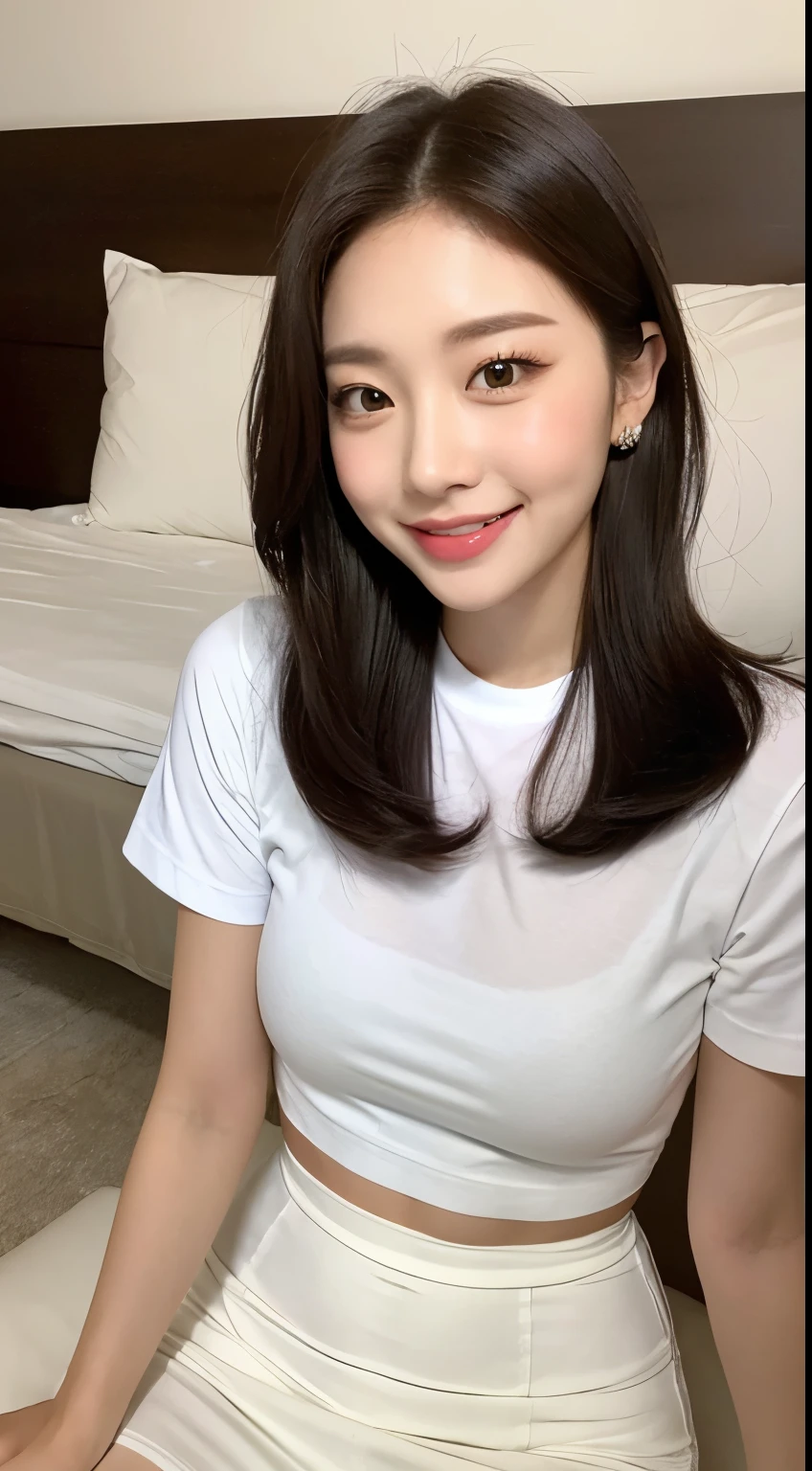 White tight shirt、White tight mini skirt、bed、smile、Short sleeve、high resolution、Korean idol face、double eyelid、White teeth、Medium Hair