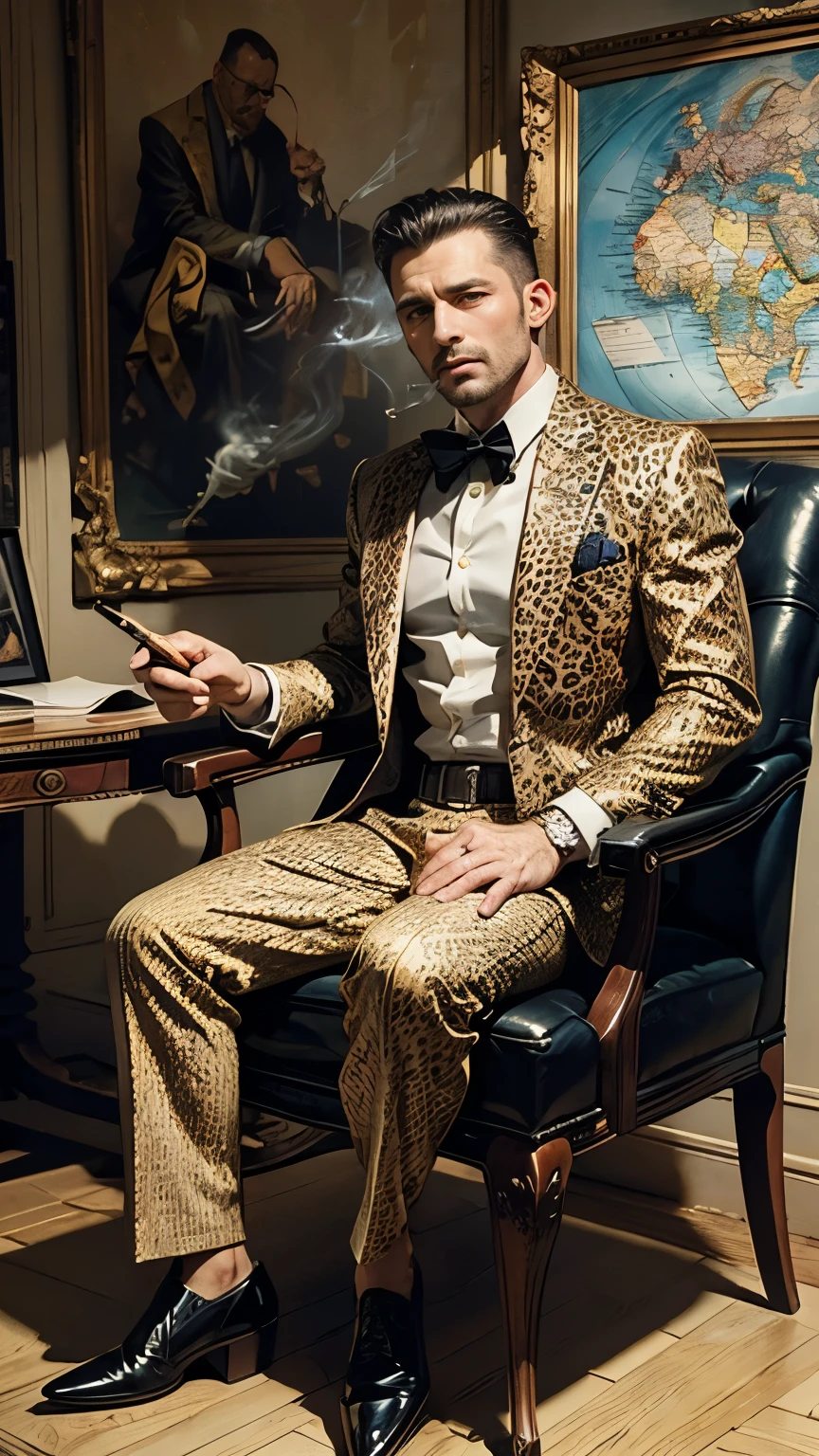 best quality, masterpiece, 8K, HD, masculine, 40 year old-man, mafia boss wearing luxurious leopard print suit, sitting menacingly in a leather chair, smoking cigar in one hand, in a fancy office, expressionist painting of a king on the wall, framed world map, vibrant colors, highly detailed, perfection, full body, fill frame,
