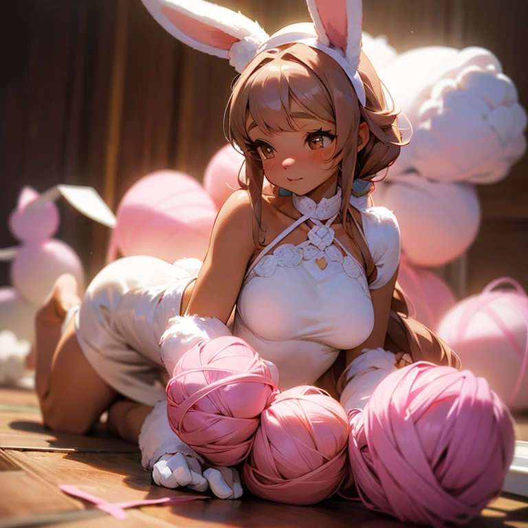 Furry bunny girl making crochet, cute, pink, delicate, yarn, light brown skin