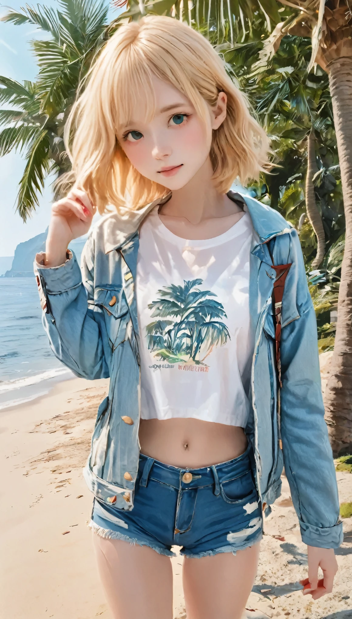 highest quality、Masterpiece、Perfect Anatomy、Correct skeleton、One Girl、Young cute girl、blonde、Hair with red mesh、Expressionless、White T-shirt、Denim jacket、hot pants、Tropical Resort、Cottage on the sea、Natural light、Palm Tree、