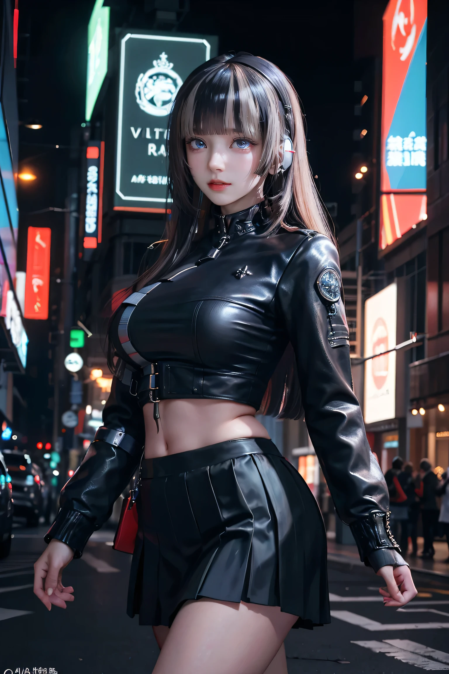 Better Quality, Realist, Realist, Award-Winning Illustration, (Intricate details: 1.2), (Fine Detail), (Intricate details), (Cininatic Lights, Better Quality Backlight), Crisp Lines, Sharp focus, Official Art, Unity Wallpaper 8k, Absurd, unbelievably Absurd, Huge file sizes, Ultra- (in_main_two:1.21), (Neon lamp), Fantasy art, RTX,((triangle closeup photo by award winning studio )), 1 girl, so beautiful, (run away), small , ((two da cidade cyberpunk, Battle Maiden)), Perfect hands, Beautiful and fine details, Perfect Face, (Cyberpunk Blouse, leather jacket, Martin boots) ,,(Headphones_in volta_hair),((Pleated skirt) ), ((Supermodel posture)),((Big Breasts)),(See-through)
