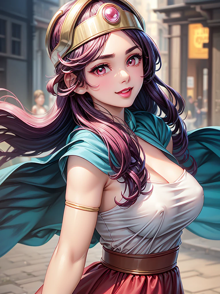 (Woman close up)、((Depiction of only the upper body))、10th generation women、Pink lip gloss、smile、Blushing、(Open the lipstick a little、High resolution、16k))、Medieval city