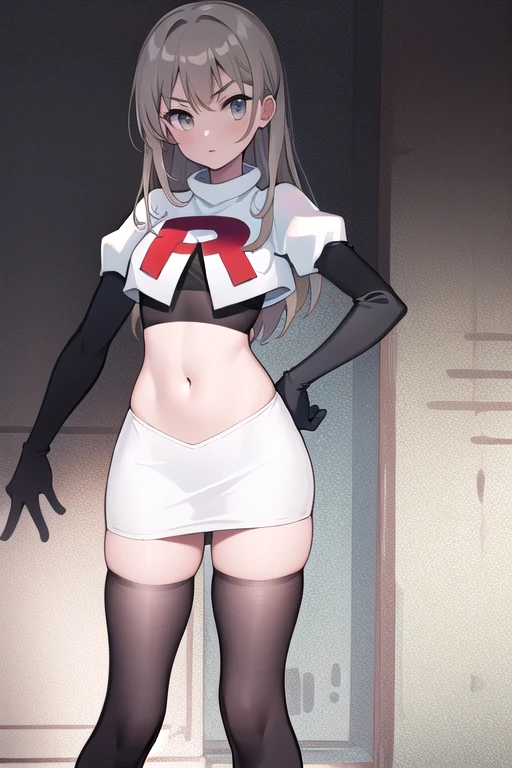 (((masterpiece))),highly detailed, ((best quality)) (highres), aki_rinco, (1girl), solo, brown_hair, eyebrows_visible_through_hair, grey_hair, looking_at_viewer, team rocket,team rocket uniform,white skirt,red letter R,crop top,black thigh-highs,black elbow gloves