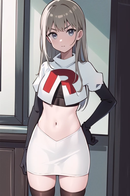 
(((masterpiece))),highly detailed, ((best quality))  (highres), aki_rinco, (1girl),  solo, brown_hair,  eyebrows_visible_through_hair, grey_hair, looking_at_viewer, team rocket,team rocket uniform,white skirt,red letter R,crop top,black thigh-highs,black elbow gloves