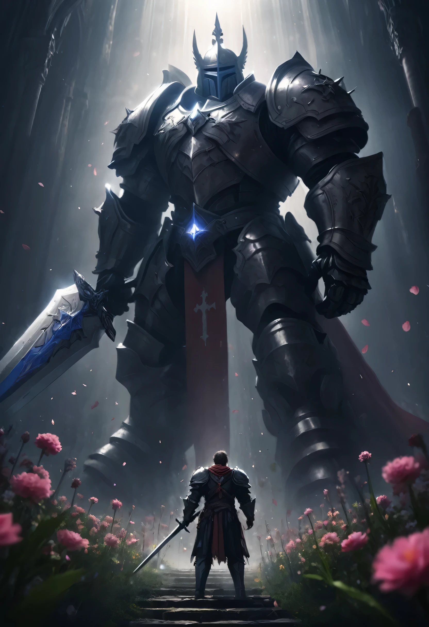 (Detailed description) (best quality) an heavyknight， cross， Holding a holy sword， Movie Lighting，Composition， male， In the flowers