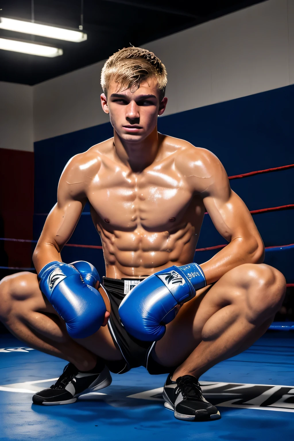 a lean skinny 18-year old shirtless caucasian male wearing blue boxing gloves, black boxing shorts, boxing shoes, messy blonde hair, tanned skin, sweating, drenched with sweat, sitting on the floor, inside the ring