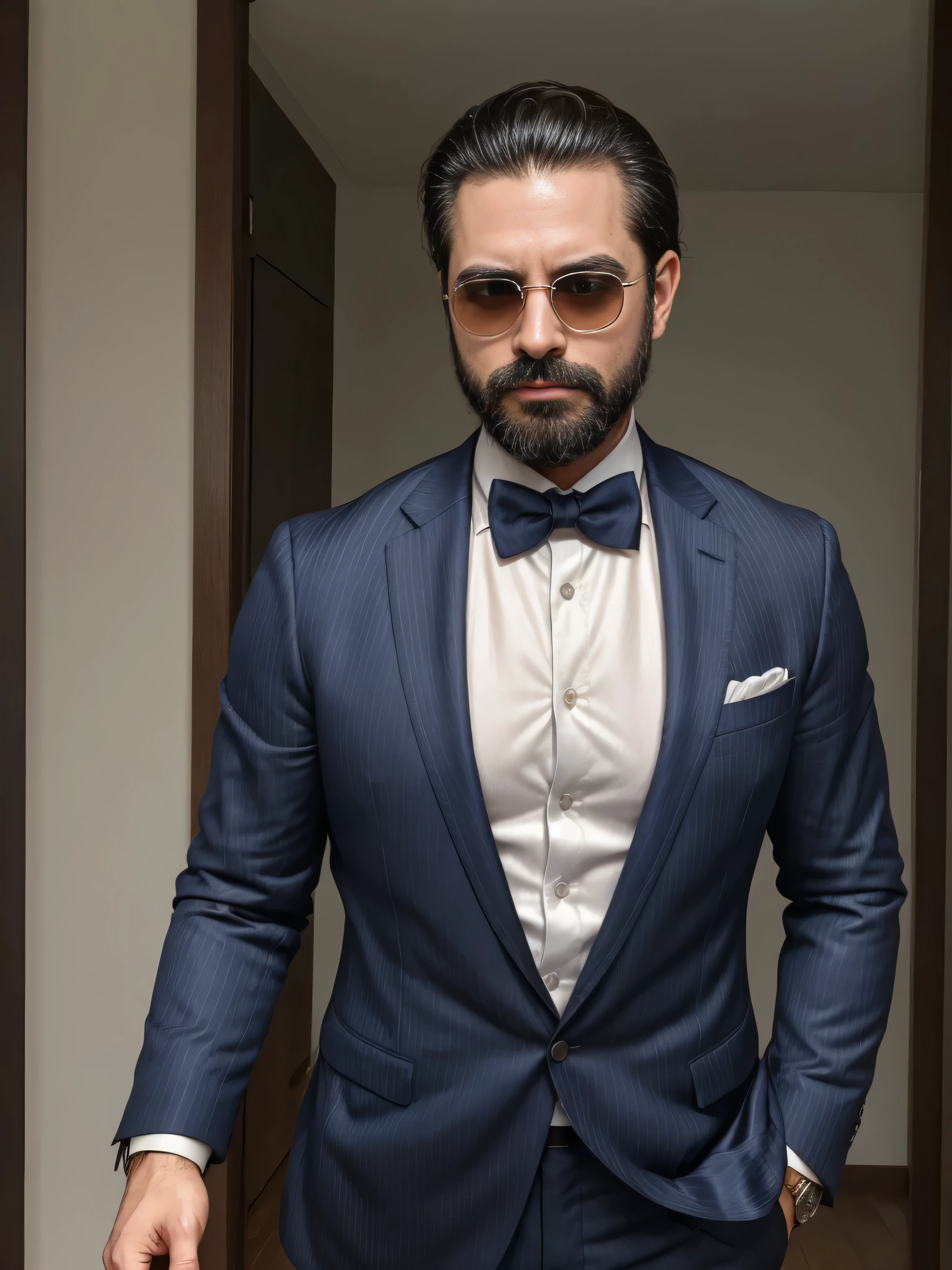 A 38-year-old man with a neatly groomed beard and stylish sunglasses. He is dressed in an elegant, tailored suit, featuring a sharp blazer and a crisp dress shirt. The blazer is a deep navy blue with subtle pinstripes, and the shirt is a classic white with a slight sheen. He wears a pocket square that matches the blazer, adding a touch of sophistication. The man is also wearing a sleek, silver wristwatch. His hair is neatly styled, complementing his overall polished look. The background is blurred to keep the focus on the man's upper body, capturing his confident and refined appearance. The image should be a medium shot, highlighting the man's upper body in great detail.