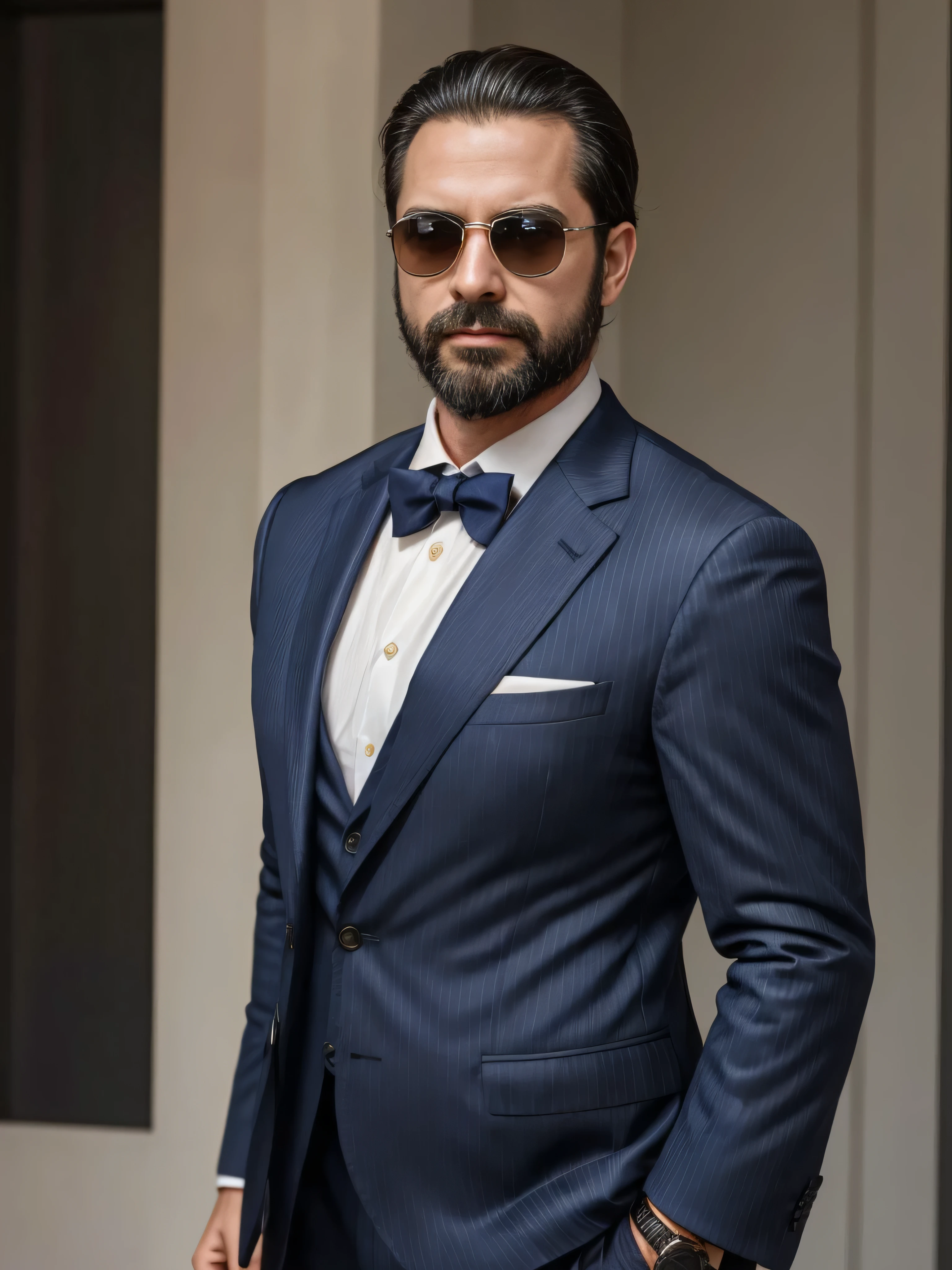 A 38-year-old man with a neatly groomed beard and stylish sunglasses. He is dressed in an elegant, tailored suit, featuring a sharp blazer and a crisp dress shirt. The blazer is a deep navy blue with subtle pinstripes, and the shirt is a classic white with a slight sheen. He wears a pocket square that matches the blazer, adding a touch of sophistication. The man is also wearing a sleek, silver wristwatch. His hair is neatly styled, complementing his overall polished look. The background is blurred to keep the focus on the man's upper body, capturing his confident and refined appearance. The image should be a medium shot, highlighting the man's upper body in great detail.