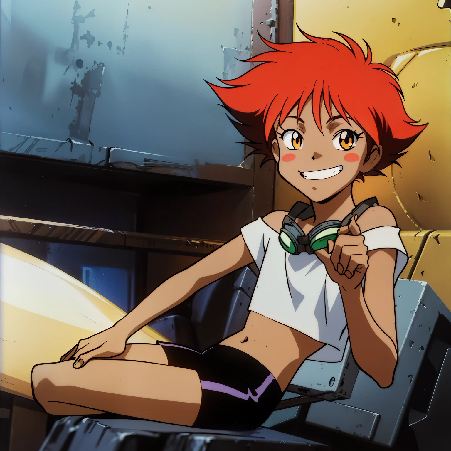 1girl, masterpiece, (detailed background), best quality, absurdres, eyelashes, eyeshadow, orange hair, tiny breasts, sitting legs crisscrossed, space ship, window showing space and stars, edward, solo, short hair, smile, barefoot, dark skin, dark-skinned female, blush stickers, goggles, bike shorts, goggles on head, tomboy, white midriff off the shoulder, looking at viewer, grin