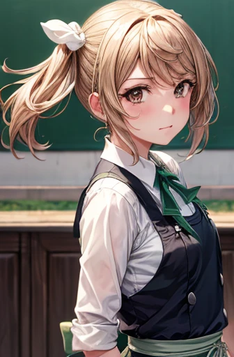 {{lovelive!}},{{masterpiece}}, {Very detailed}, ,(masterpiece, highest quality:1.2), Upper Body, Doshio KC, {{From below}}, anger, , Apron dress, green ribbon tie, View Viewer, Small breasts