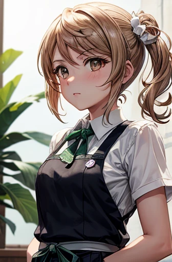 {{lovelive!}},{{masterpiece}}, {Very detailed}, ,(masterpiece, highest quality:1.2), Upper Body, Doshio KC, {{From below}}, anger, , Apron dress, green ribbon tie, View Viewer, Small breasts