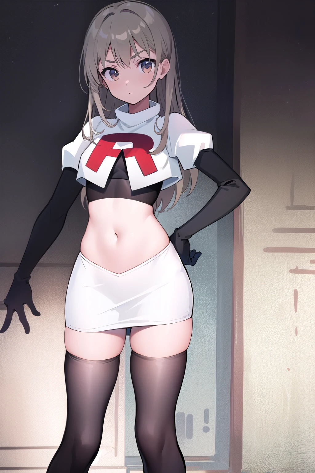 
(((masterpiece))),highly detailed, ((best quality))  (highres), aki_rinco, (1girl),  solo, brown_hair,  eyebrows_visible_through_hair, grey_hair, looking_at_viewer, team rocket,team rocket uniform,white skirt,red letter R,crop top,black thigh-highs,black elbow gloves