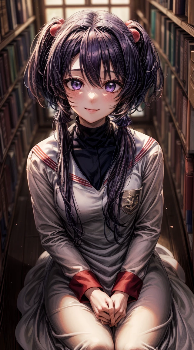 anime art, (masterpiece, best quality, perfect face, highest detailed face, colorful), 1girl. (((Kotomi))), face focus, full body, (((white dress:1.2))), purple hair, purple eyes, slight smile, beautiful eyes, looking at viewer, library at background, sunlight passing through hair, (extreme detailed, intricate details, cozy light)