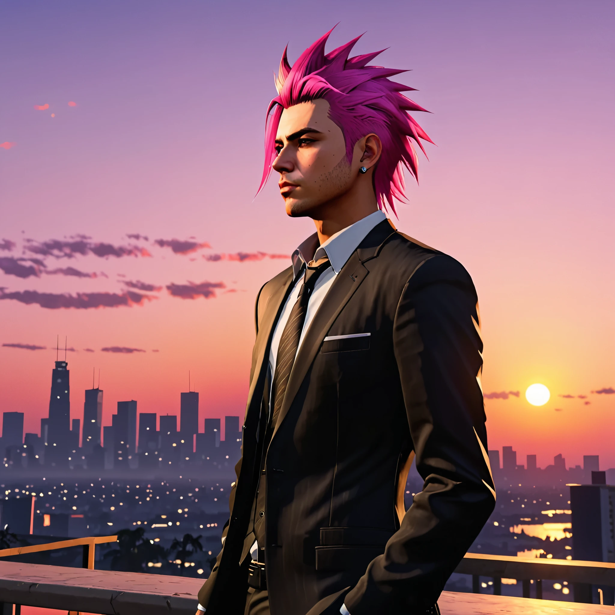 A young man with long spiky pink anime-style hair, looking at the sunset mysteriously wearing an elegant black suit  ,style grand theft auto, HD PORTRAIT