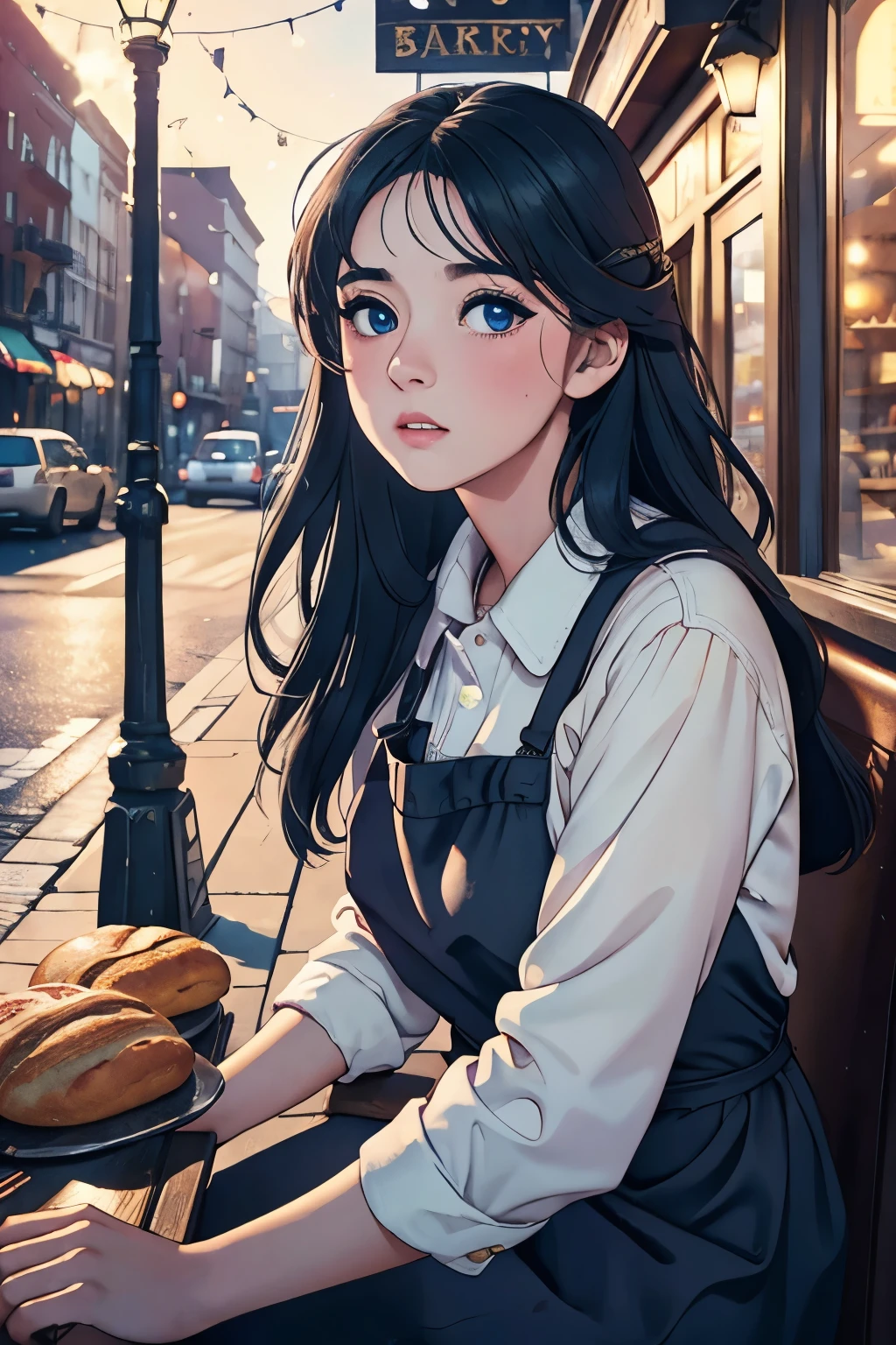 A sad girl sitting in front of a bakery, detailed realistic portrait, beautiful detailed eyes, beautiful detailed lips, extremely detailed face, longeyelashes, sad expression, street scene, bakery exterior, outdoor setting, warm lighting, soft colors, (best quality,4k,8k,highres,masterpiece:1.2),ultra-detailed,(realistic,photorealistic,photo-realistic:1.37),professional,vivid colors,bokeh
