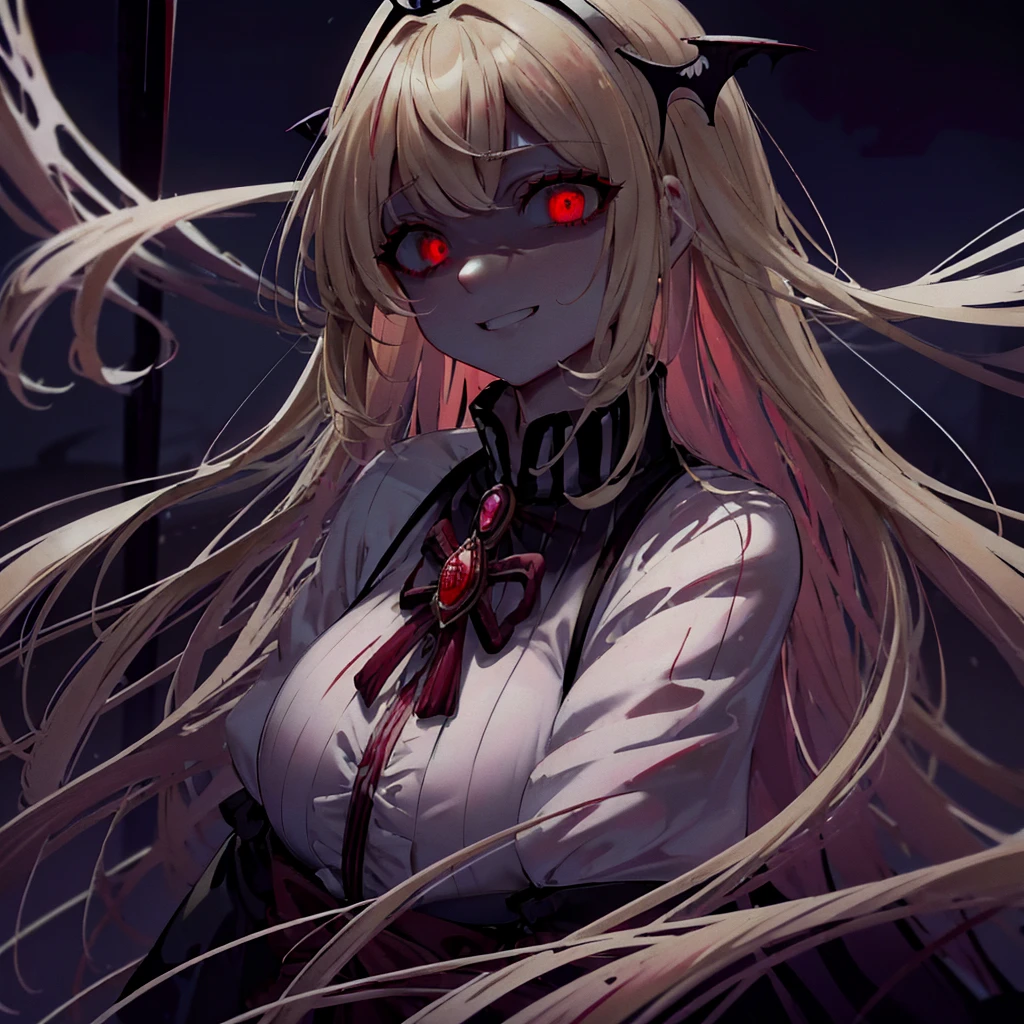 a beauty girl，Uniform Ribbon，Cute Blazer，Laughter，girl，length，anime a girl，Highest quality，Huge ，Pink Hair，masterpiece，Great style，length，Sexy and cute，Ultra-high resolution，beautiful a girl，Lovely girl，loose socks，Perfect beautiful girl，Delicate features,disaster々new devil horns , Eyelids very wide open, The trend is small,Crazy Smile, mouth very wide open, Mouth open and teeth bared,Sharp teeth like a beast, wide lips, Very wide mouth, Vermilion-tinted cheeks, Blonde Hair, Princess Cut, Ribbon hair ornament, brooch, Shiny candy blue dress, Gold embroidery,Lolita Style, Gothic style, Facing the audience, Otaku Room, Well-built body, Nice body, Ample breasts, Fleshy body,With eyes wide open、Scary atmosphere、Distorted facial expressions、ねじれた笑face、Bloody、Bleeding from the head、Blood splatter、whole body、Long Hair、Long bangs、（（（Dark circles under the eyes）））、Pale skin、Feeling unwell、Pathological、邪悪な笑face、Crazy Eyes、（Grin）Dramatic makeup，Create mixed media art,Well-built,Nice body,Shoulders wider,focus on,(face),Messy Hair,Yellow Eyes,(Glowing Eyes),(Blood splatter:1.6),Red light,笑face,big 笑face,tooth,psycho 笑face,gesugao,Dark city background,darkness,night,(close),Good Eyes, good teeth,サディスティックな笑face,,all,Shiny skin,詳細なface,Beautiful body,whole body油まみれで光沢感がある　whole bodyから湯気が出ている　Steam fills the entire screen　White breath from the mouth　Luxurious lace long gloves