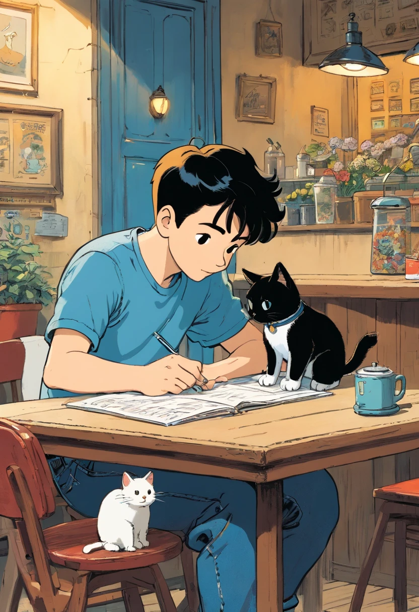 Tintin, herge, black short hair man drawing a picture in a desk, wearing black t-shirt and blue denim jeans, sitting in a cafe, with a calico cat, european comics