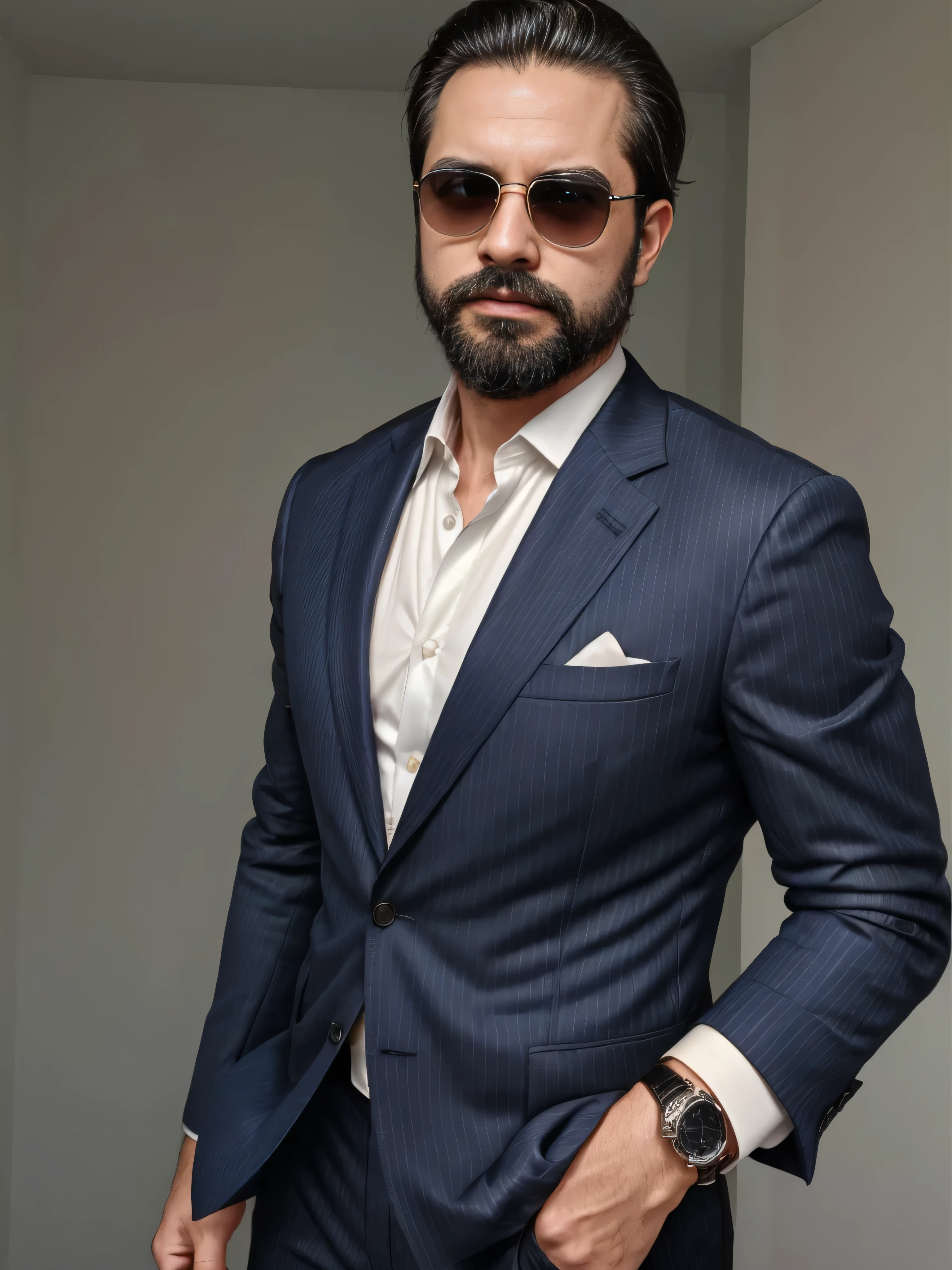 A 38-year-old man with a neatly groomed beard and stylish sunglasses. He is dressed in an elegant, tailored suit, featuring a sharp blazer and a crisp dress shirt. The blazer is a deep navy blue with subtle pinstripes, and the shirt is a classic white with a slight sheen. He wears a pocket square that matches the blazer, adding a touch of sophistication. The man is also wearing a sleek, silver wristwatch. His hair is neatly styled, complementing his overall polished look. The background is blurred to keep the focus on the man's upper body, capturing his confident and refined appearance. The image should be a medium shot, highlighting the man's upper body in great detail.