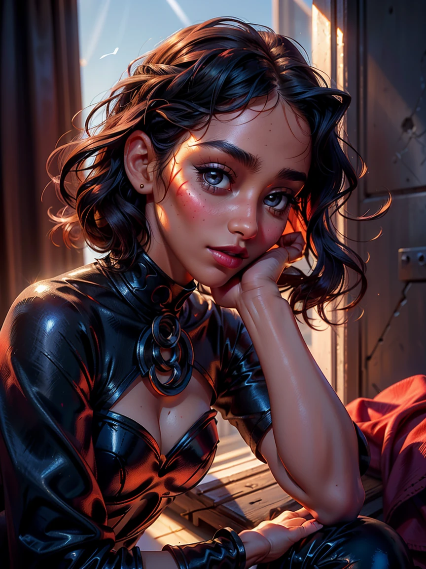 {{Emilia Clarke linda (deitada com as pernas abertas)), com cabelos loiros e olhos azuis, small nose and full, red lips and curled black eyelashes, {usando um vestido transparente com cintura justa e um par de sapatos pretos }.