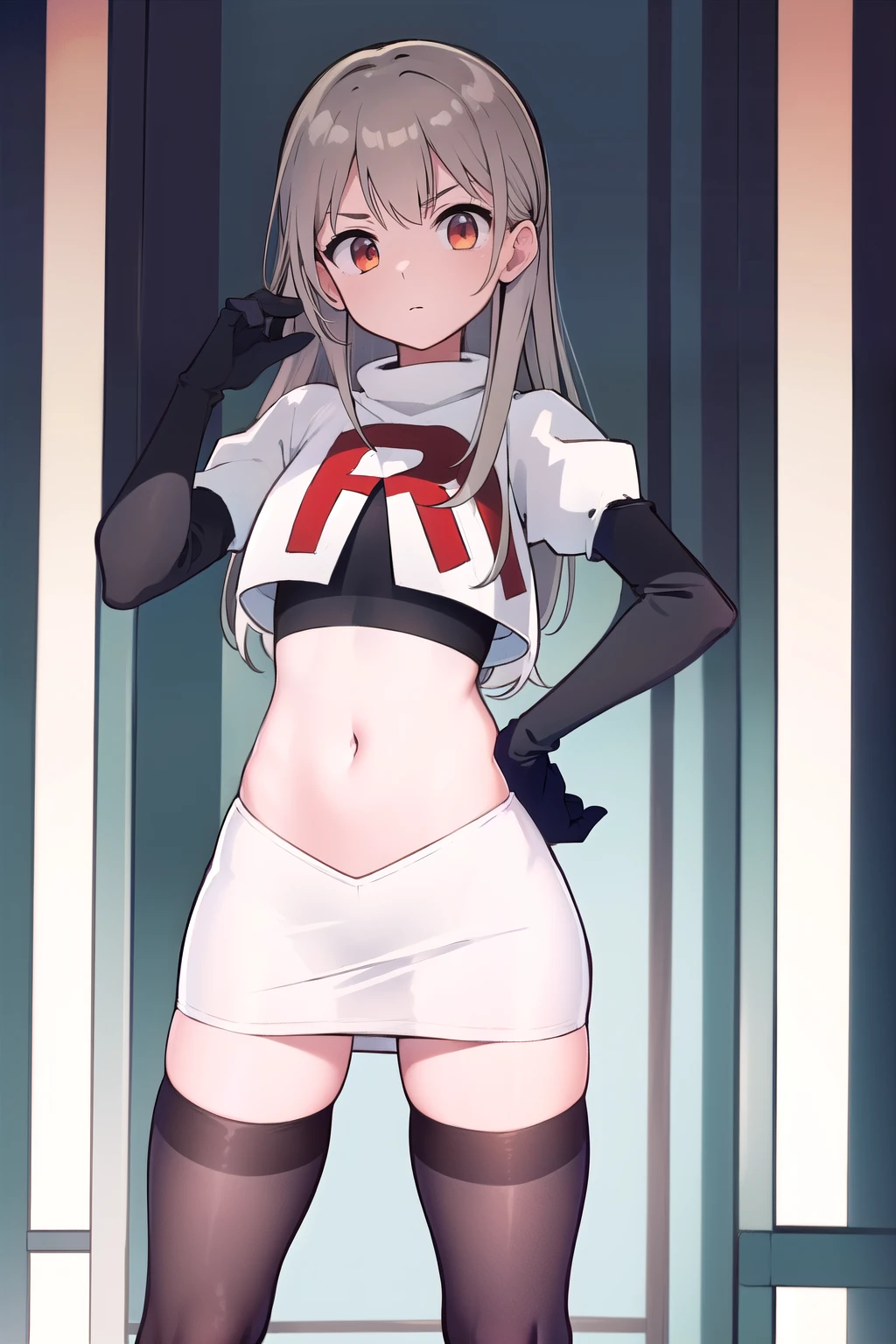 
(((masterpiece))),highly detailed, ((best quality))  (highres), aki_rinco, (1girl),  solo, brown_hair,  eyebrows_visible_through_hair, grey_hair, looking_at_viewer, team rocket,team rocket uniform,white skirt,red letter R,crop top,black thigh-highs,black elbow gloves