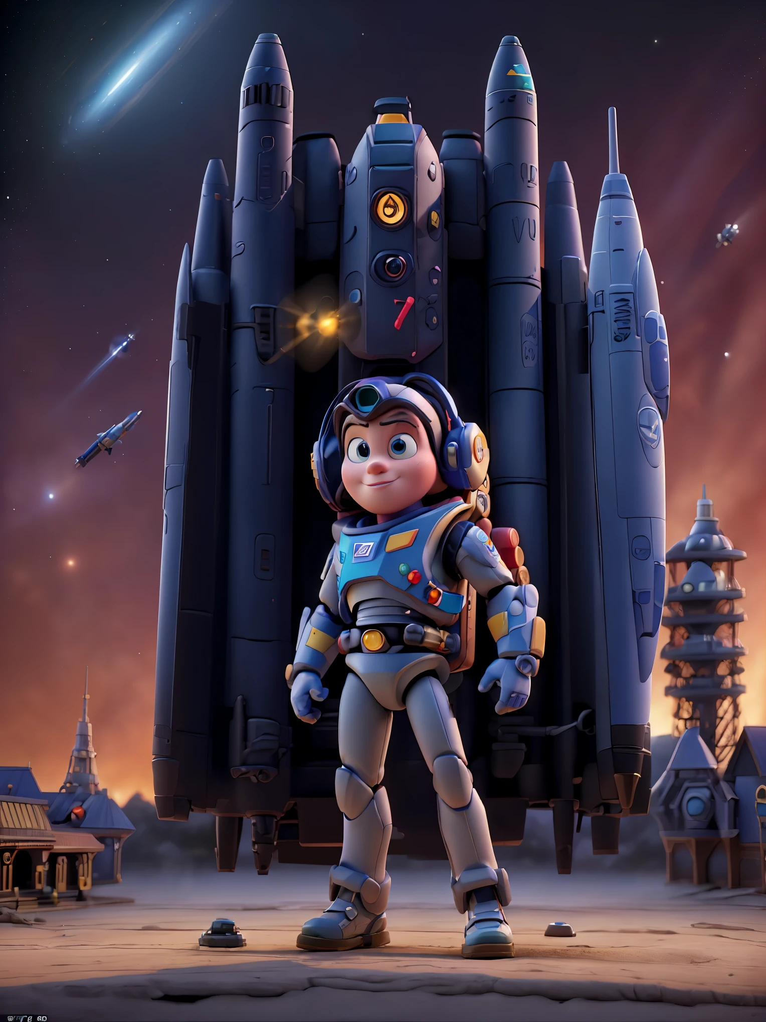 Buzz Lightyear action figure in space,brave,confident,laser gun,communicator,jet pack,toy train track,gliding,space background,sci-fi elements,rich in detail,(HDR,4k,8k,highres,masterpiece:1.2),ultra-detailed,(realistic,photorealistic,photo-realistic:1.37),vivid colors,studio lighting