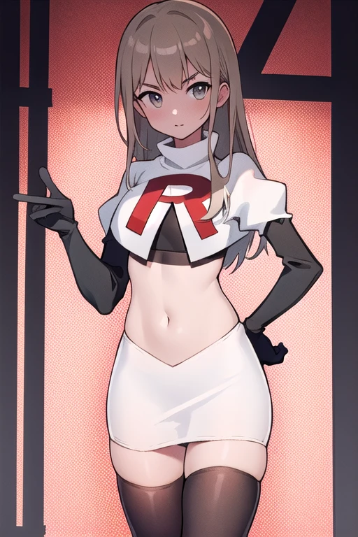 (((masterpiece))),highly detailed, ((best quality)) (highres), aki_rinco, (1girl), solo, brown_hair, eyebrows_visible_through_hair, grey_hair, looking_at_viewer, team rocket,team rocket uniform,white skirt,red letter R,crop top,black thigh-highs,black elbow gloves
