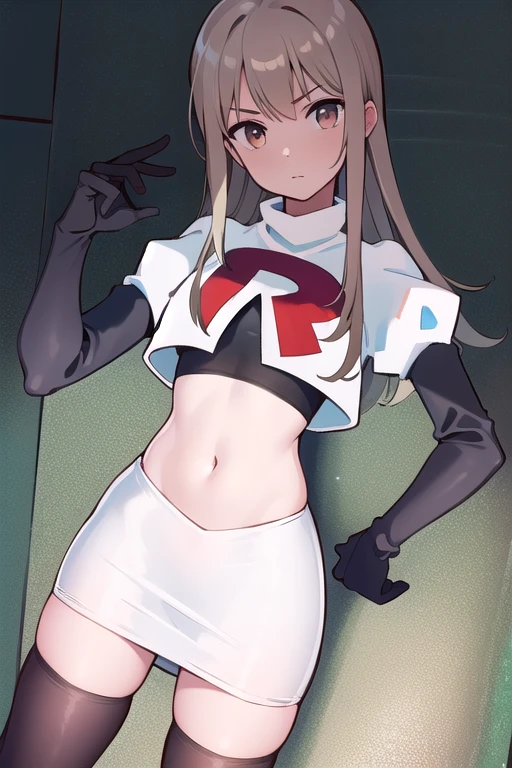 
(((masterpiece))),highly detailed, ((best quality))  (highres), aki_rinco, (1girl),  solo, brown_hair,  eyebrows_visible_through_hair, grey_hair, looking_at_viewer, team rocket,team rocket uniform,white skirt,red letter R,crop top,black thigh-highs,black elbow gloves