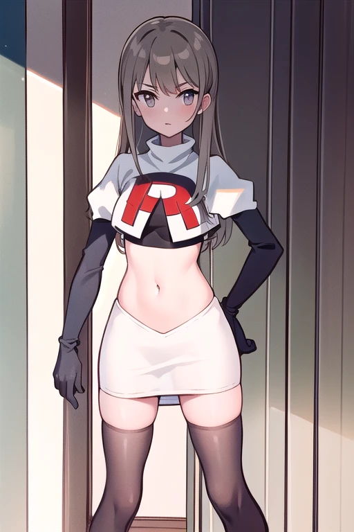 (((masterpiece))),highly detailed, ((best quality)) (highres), aki_rinco, (1girl), solo, brown_hair, eyebrows_visible_through_hair, grey_hair, looking_at_viewer, team rocket,team rocket uniform,white skirt,red letter R,crop top,black thigh-highs,black elbow gloves