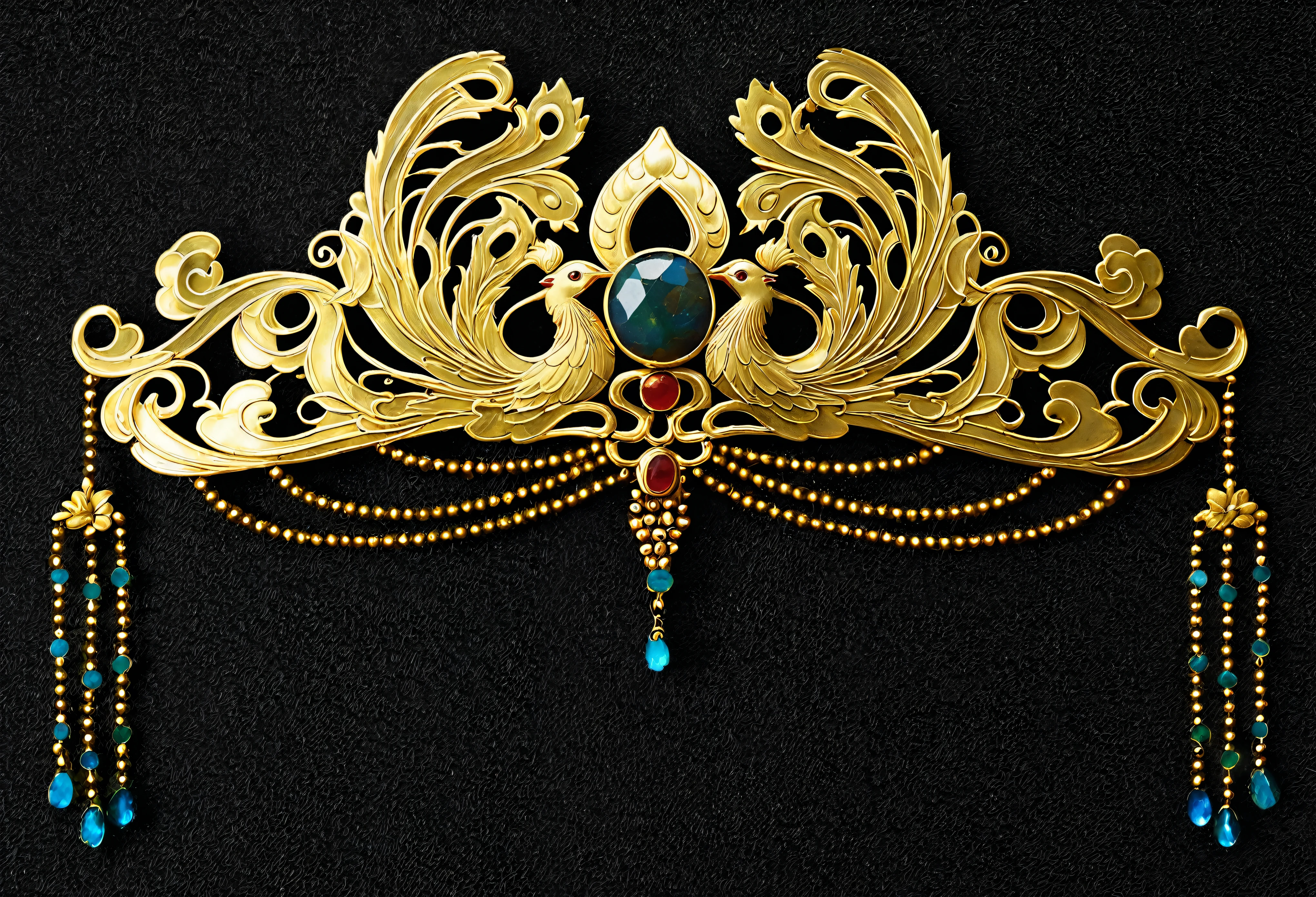 A decorative pattern with a bird on it, Very gorgeous, Chinese headdress,Metal,gold,gem