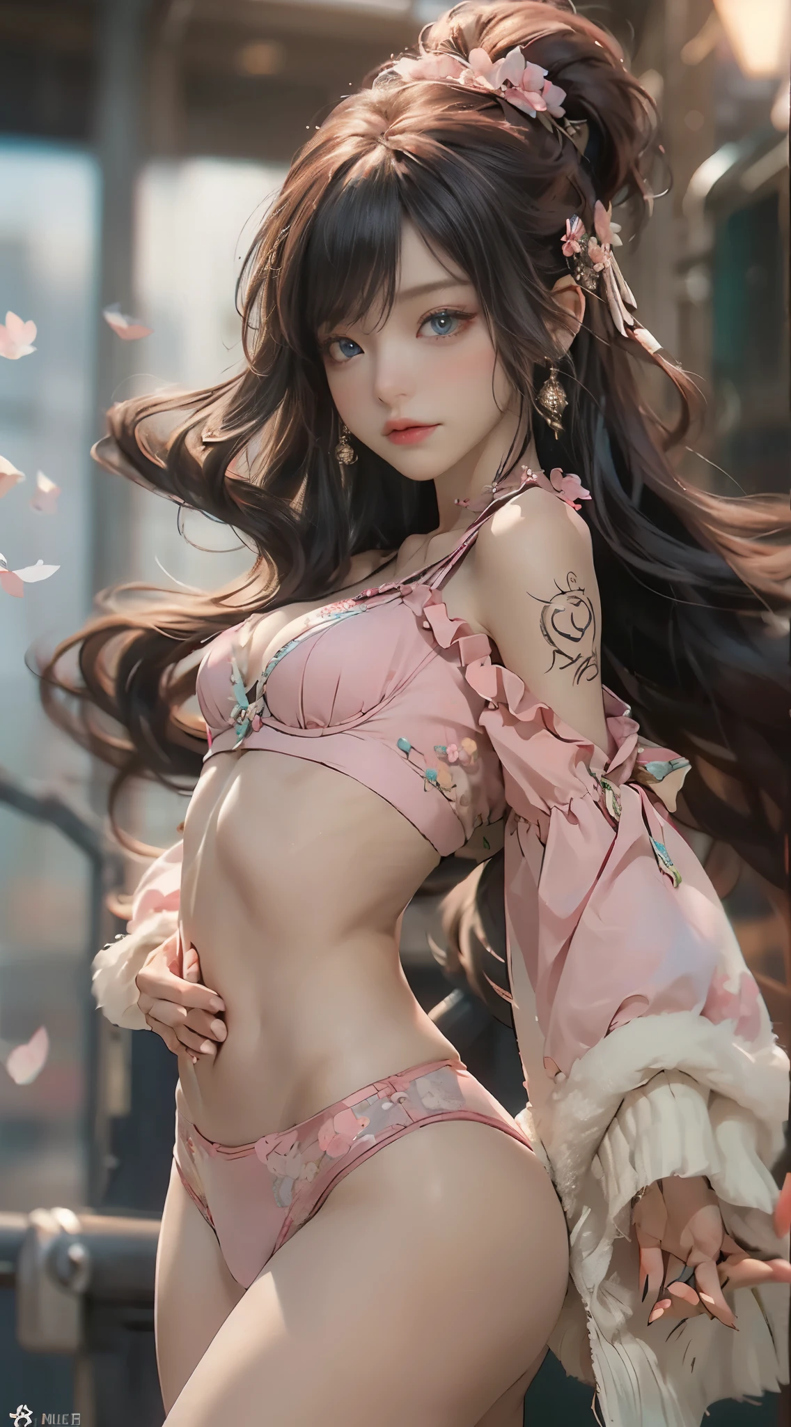 ((best qualtiy)), ((tmasterpiece)), (detail:1.4), Beautiful cyberpunk female images,hdr(HighDynamicRange),Ray traching,NVIDIA RTX,Hyper-Resolution,illusory 5,sub surface scattering,PBR textures,post-proces,Anisotropy Filtering,depth of fieldaximum definition and sharpnesany-Layer Textures,Albedo e mapas Speculares,Surface coloring,Mitsu-Accurate simulation of material interactions,perfectly proportioned,rendering by octane,Two-colored light,largeaperture,Low ISO,White balance,Rule three points、8K raw data、Beautiful bright blue pupils,off-the-shoulder clothes,Fine pupils,Delicate face and eyes,Blushlush,Delicate and fluffy hair,pink lip,Pure,Cute face,Sweet girl,Artistic sense,Casual wear,Advancedsense,butterflys,Cherry blossom petal,Beautiful hair accessories,Long hair and waist,Hair fluttering in the wind,curlies,Positive light,The light from the back window is backlighted,The belly button and the surrounding area are exposed,the hips are very small,The hips are very flat,The chest is very small,Flat chest,The bust is very small,The waist is very thin,The legs are very thin,The belly button and the surrounding area are exposed,Thin string-shaped underwear,Thin cotton underwear,Light pink underwear,Bold penis tattoos,Super beautiful girl,kpop star singer, famous talent dancer,The butt is very small,