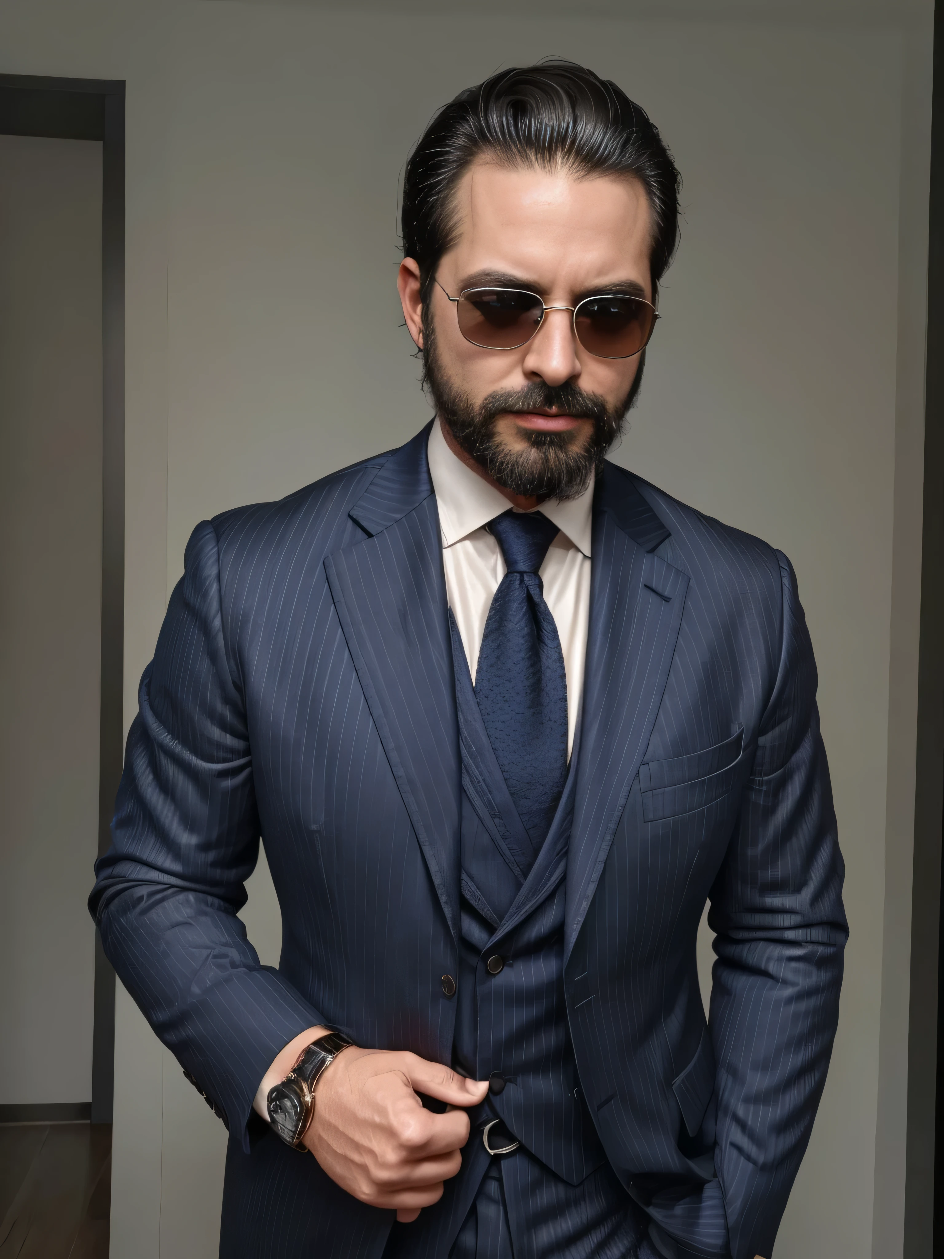 A 38-year-old man with a neatly groomed beard and stylish sunglasses. He is dressed in an elegant, tailored suit, featuring a sharp blazer and a crisp dress shirt. The blazer is a deep navy blue with subtle pinstripes, and the shirt is a classic white with a slight sheen. He wears a pocket square that matches the blazer, adding a touch of sophistication. The man is also wearing a sleek, silver wristwatch. His hair is neatly styled, complementing his overall polished look. The background is blurred to keep the focus on the man's upper body, capturing his confident and refined appearance. The image should be a medium shot, highlighting the man's upper body in great detail.