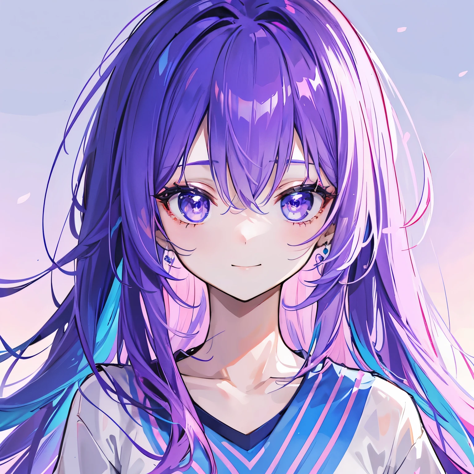 Bi sexual character, bi flag colors, pink and royal blue with an overlapping purple stripe in the center. Mostly pink and blue, small purple streaks or highlights. Hair has long pink roots, pink covering half of the hair, the tips to midpoint of the hair is purple. They are wearing the bi flag shirt that has one pink stripe, one smaller purple line in the middle, and the bottom line is royal blue, or if it’s easier you may just give her a blue top/shirt. Portrait, smile.