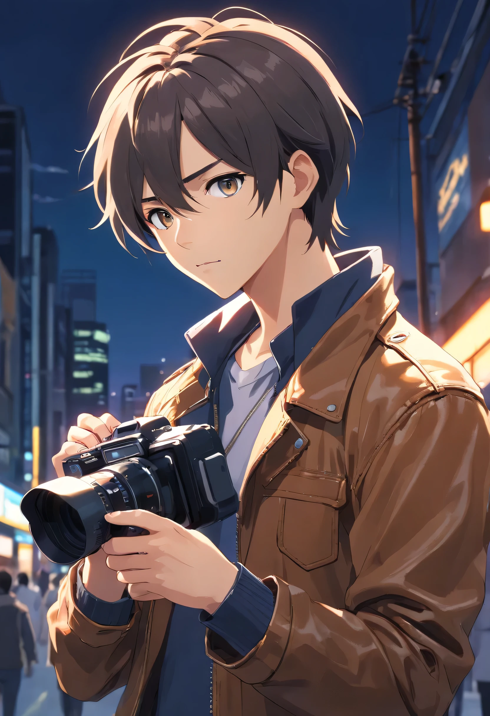 masterpiece, Superb Clothing, (illustration), ((1 person)), ((Handsome man holding a video camera), (Mill Style), Fashion, leather jacket, (long hair), (anger), (White skin), (Dark circles), Handsome, , toasting, Uptrend, Dark Gray,, close up, (Background), (Chiaroscuro)), Exquisite facial details, Facial details, movie lighting, (Depth of Field), Ultra HD, (Upper Body), black background