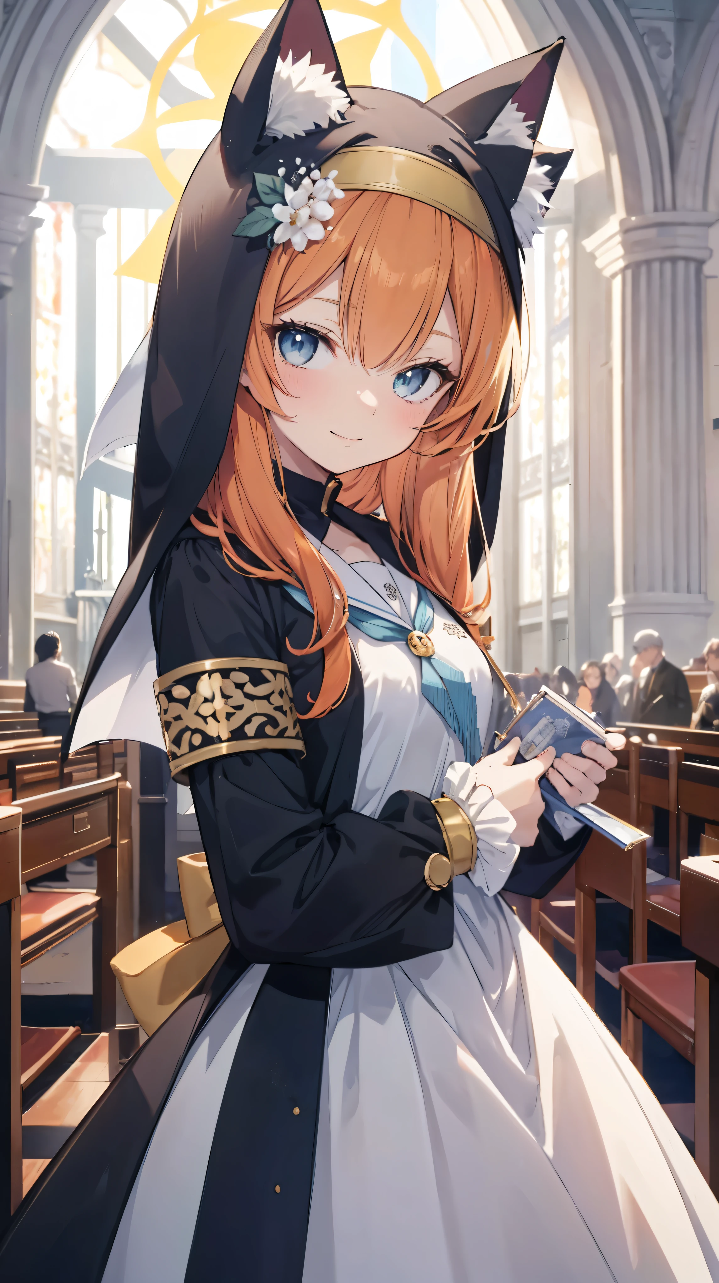 Marie、masterpiece、Best image quality、最high quality、Good looking girl (smile, Perfect Face), independent , Looking into the camera, masterpiece, Anime art style, Cute Characters, Most detailed, high quality、Shiny Hair、Very fine and beautiful bright eyes、Very detailed, clear and beautiful face, Awards, Anatomically correct、Cat ear、Orange Hair、ta、Small breasts、uniform、Hooded、church