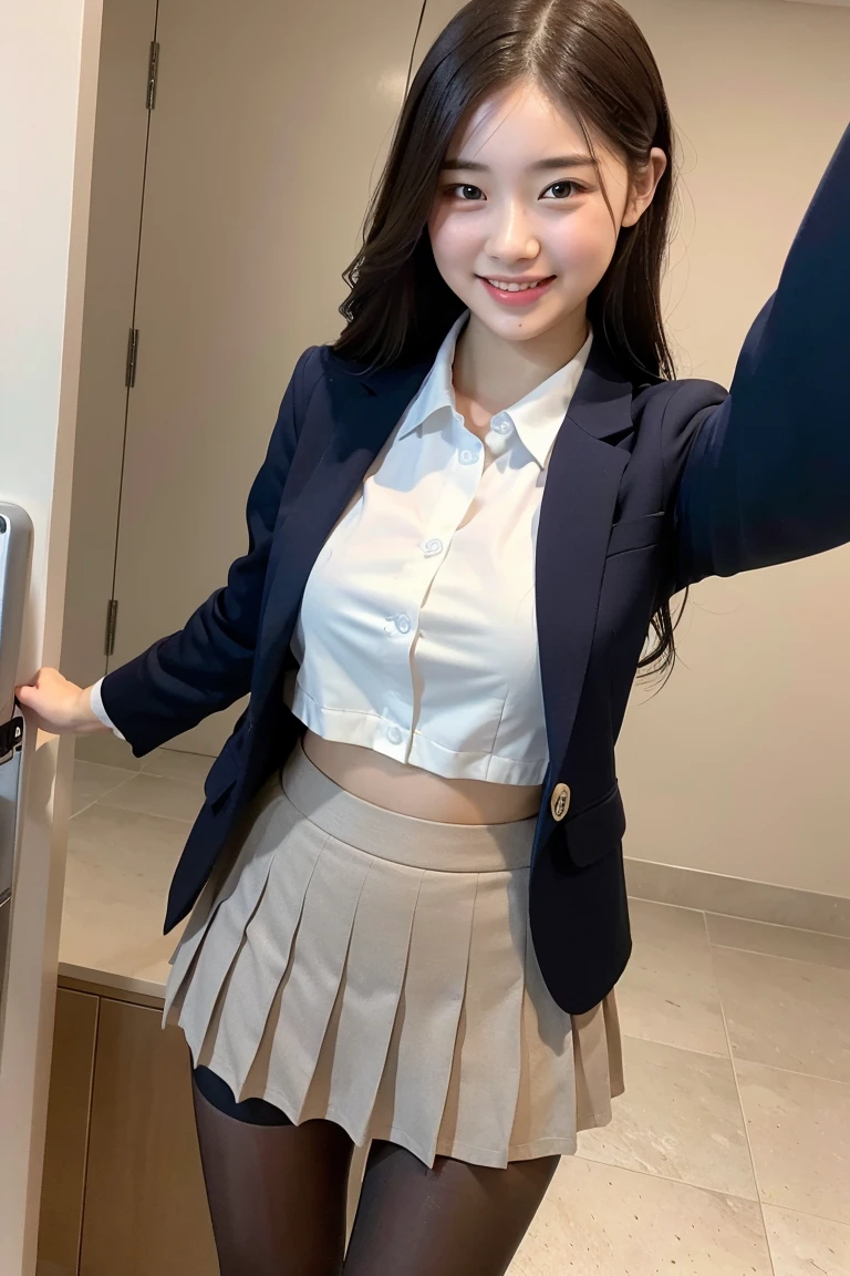 (8k), (highest quality: 1.2), (Realistic), (Realistic: 1.37), Ultra-high resolution, 1 girl, cute, smile, Mouth closed, Beautiful details, Beautiful Nose, whole body, Wet Hair, Giant Dulcefo, pork, Thighs，Selfie,Navel exposed,University Student Uniform,A simple blazer,Pleated skirt,Are standing, natural pantyhose 