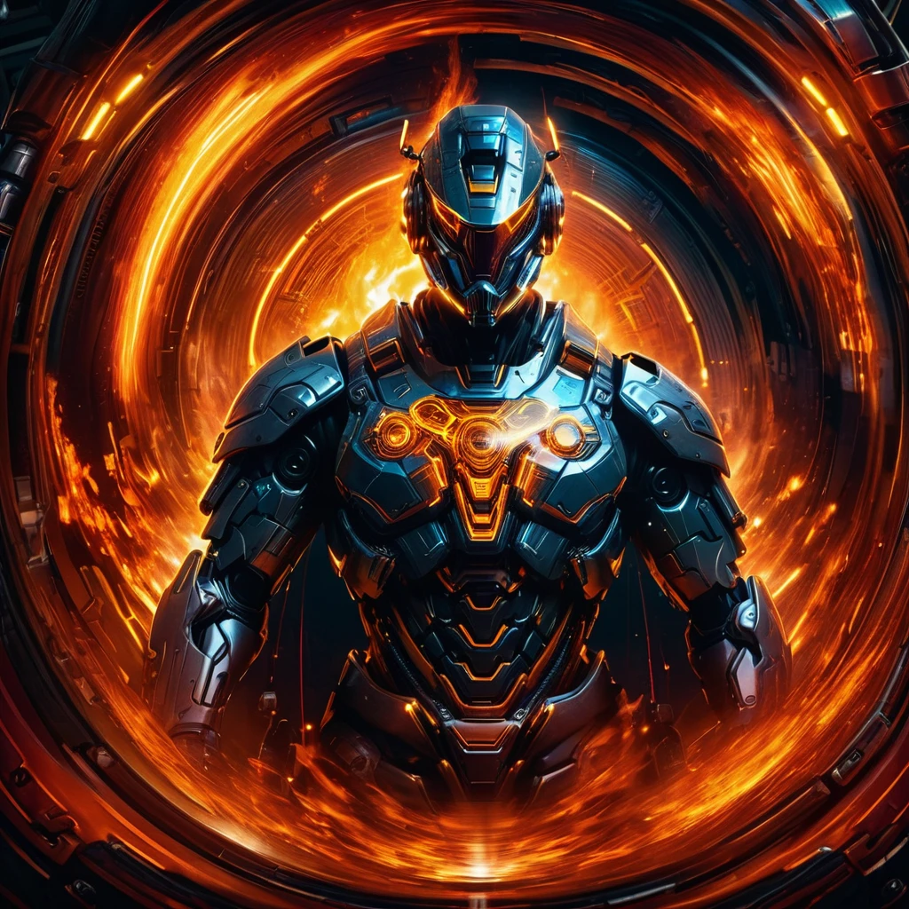 a close up of a robot in a building with a sunglasses  on, cyberpunk flame suit, cyberpunk armor, cyberpunk suit, sci - fi suit, intricate cyberpunk armor, cybernetic fire armor, apex legends armor, cyber suit, cybernetic flame armor, clothed in sci-fi military armor, warrior in sci-fi armour, sci - fi armor