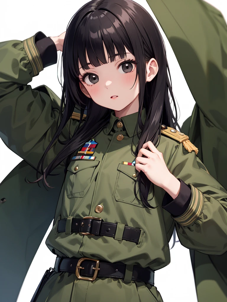 masterpiece, best quality, 1 girl, solo, 5 years old, flat chest, Perfect Face, beautiful, mai, 1girl, solo, black eyes, black hair, long hair, blunt bangs, straight hair, female , uniform, military, military uniform, green coat, brown belt,white background,