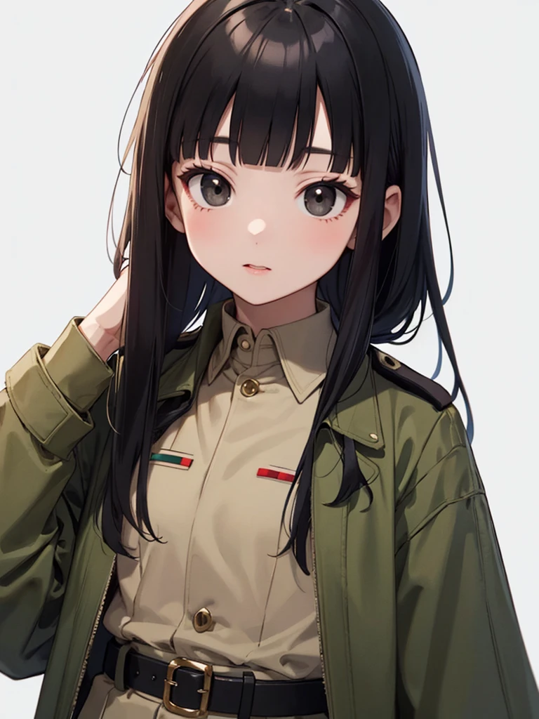 masterpiece, best quality, 1 girl, solo, 5 years old, flat chest, Perfect Face, beautiful, mai, 1girl, solo, black eyes, black hair, long hair, blunt bangs, straight hair, female , uniform, military, military uniform, green coat, brown belt,white background,