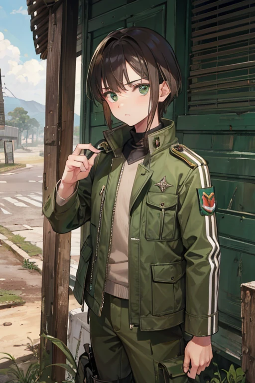 menino, branco,14 anos, jaqueta militar verde, cacabelo marrom, cidade, apocalipse zumbi, usando mascara