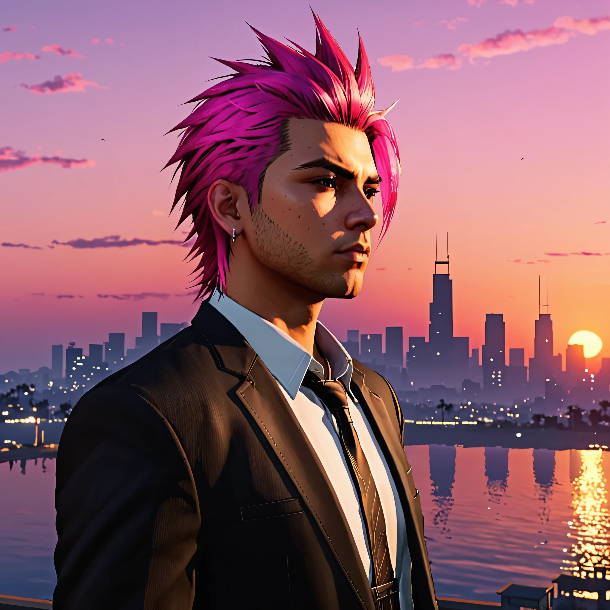 A young man with long spiky pink anime-style hair, looking at the sunset mysteriously wearing an elegant black suit  ,style grand theft auto, HD PORTRAIT