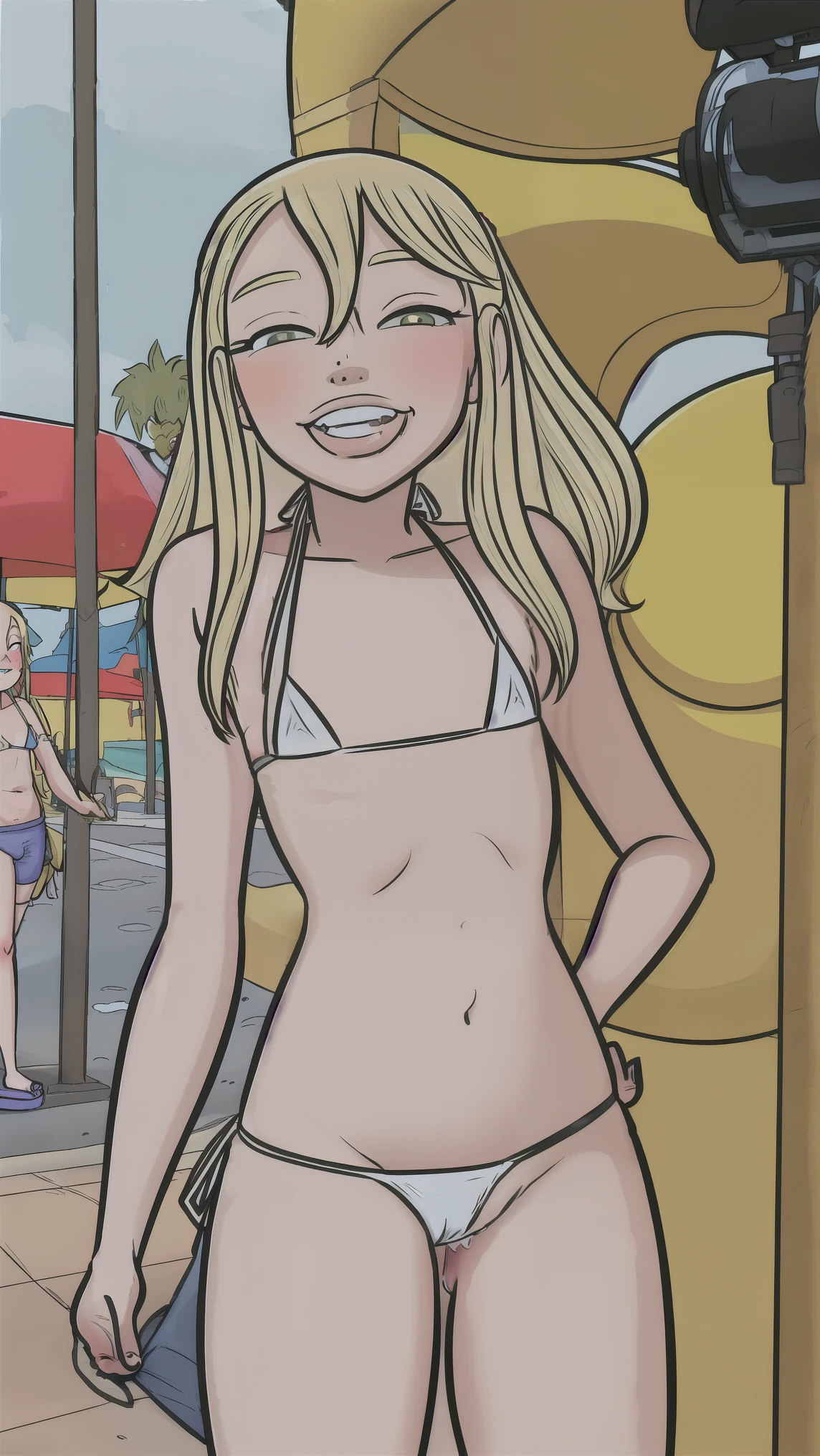 1girl, blonde slut is wearing a slutty slingshot_bikini on a boardwalk, she is posing for a ugly 88yearold man who is taking photos. 1old man, nsfw, filming, camera